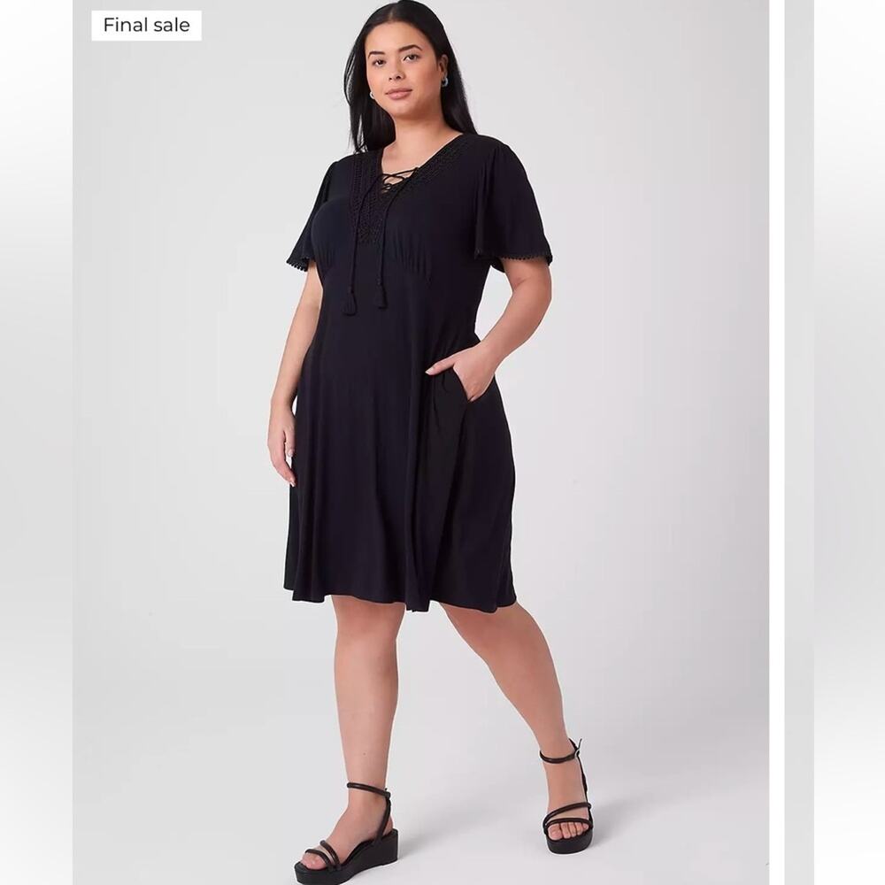 Lane Bryant black dress v-neck flutter sleeve lace whimsigoth romantic Plus size